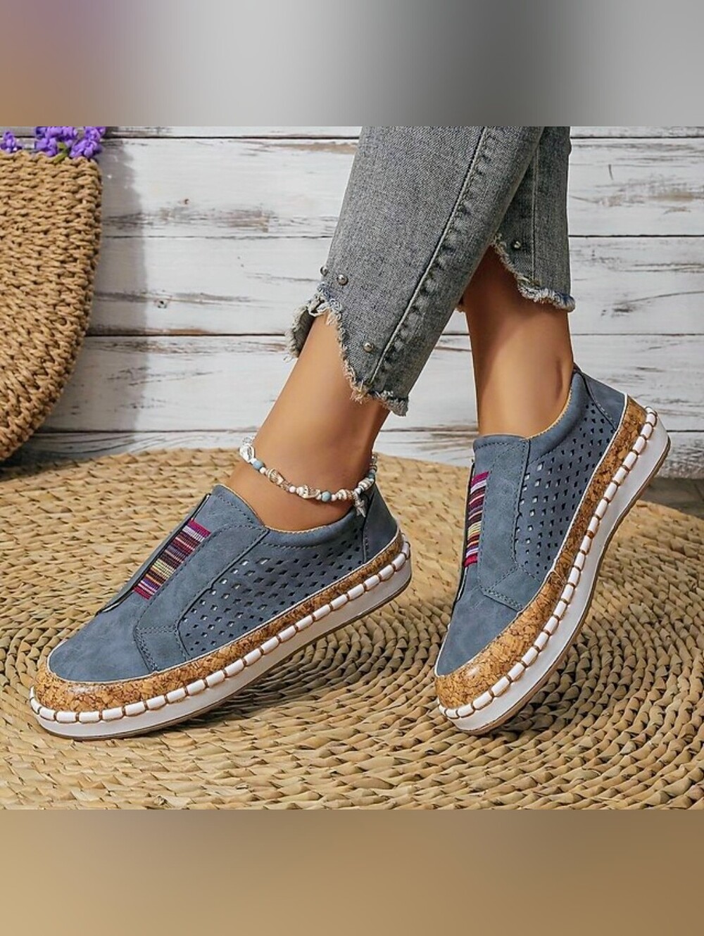 Blue Slip-On Cork Trim Sneakers with Striped Elastic Size 9.5